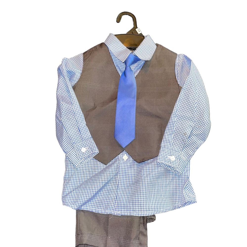 Andrew Fezza Infant 4pc Dress Suit Size 24 Months Vest Tie Shirt Pants Blue Grey